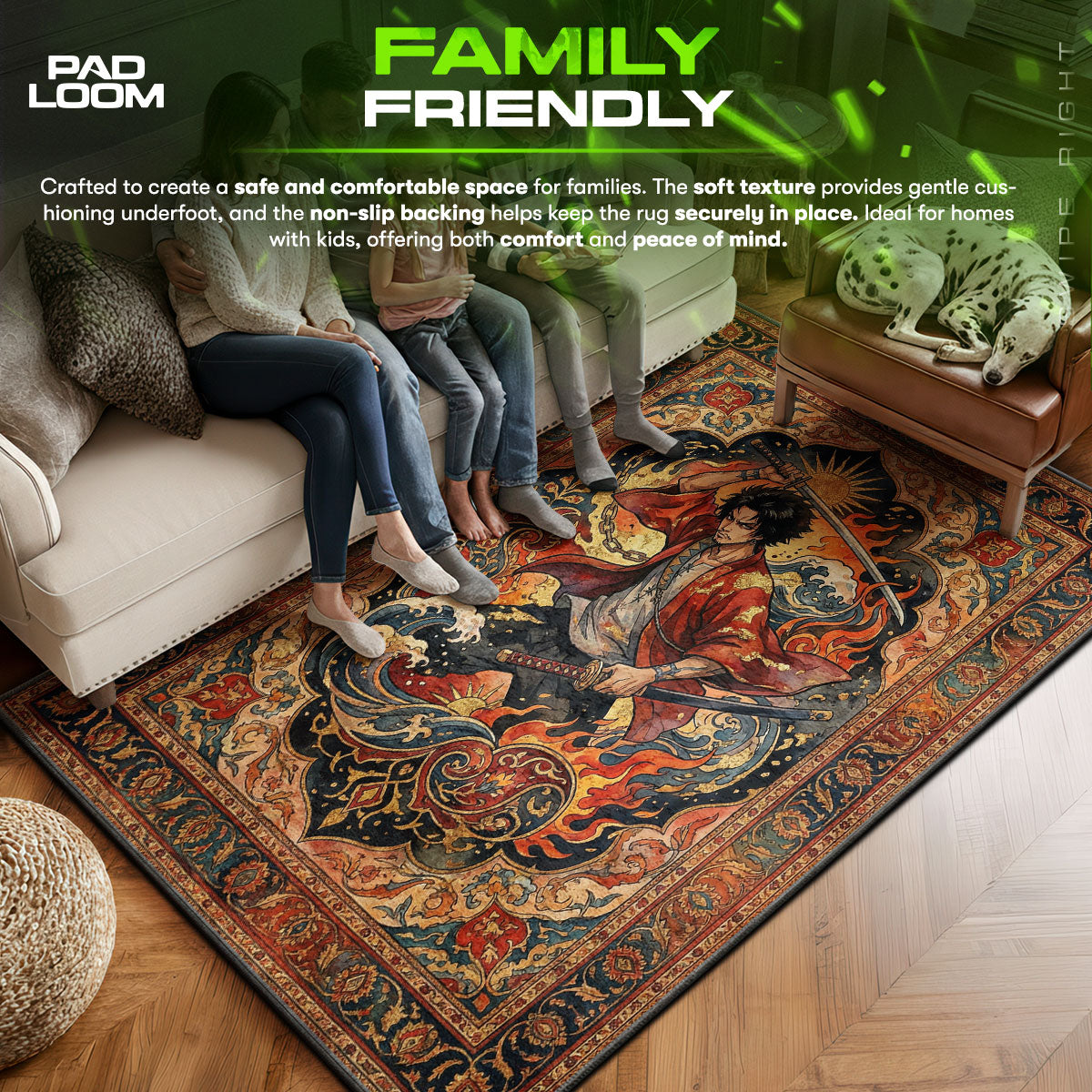 Mugen area rug showing full home decor artwork