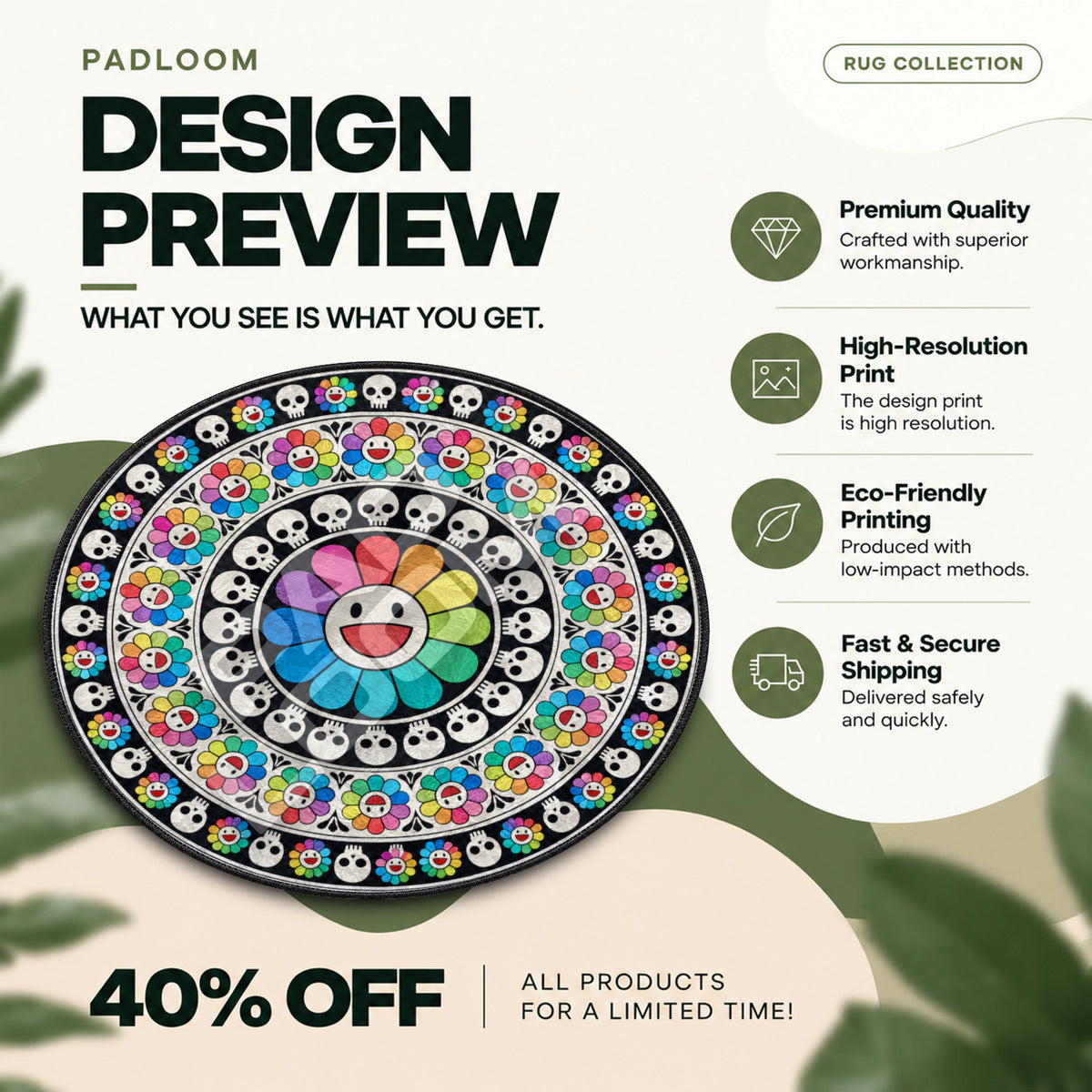Murakami Flower Skull hypebeast round rug full design preview