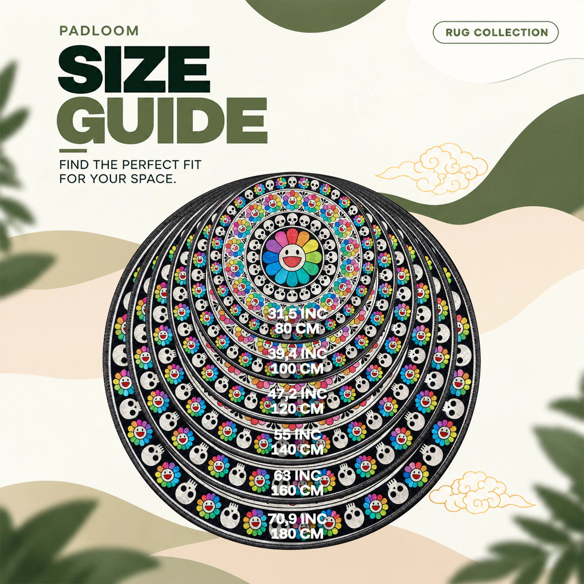 Murakami Flower Skull round rug size guide, 80 to 180 cm (31.5 to 70.9 in)