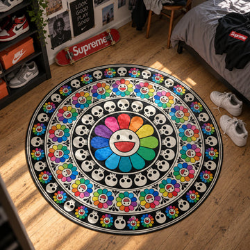 Murakami Flower Skull hypebeast round rug on a bedroom floor - hypebeast chair mat