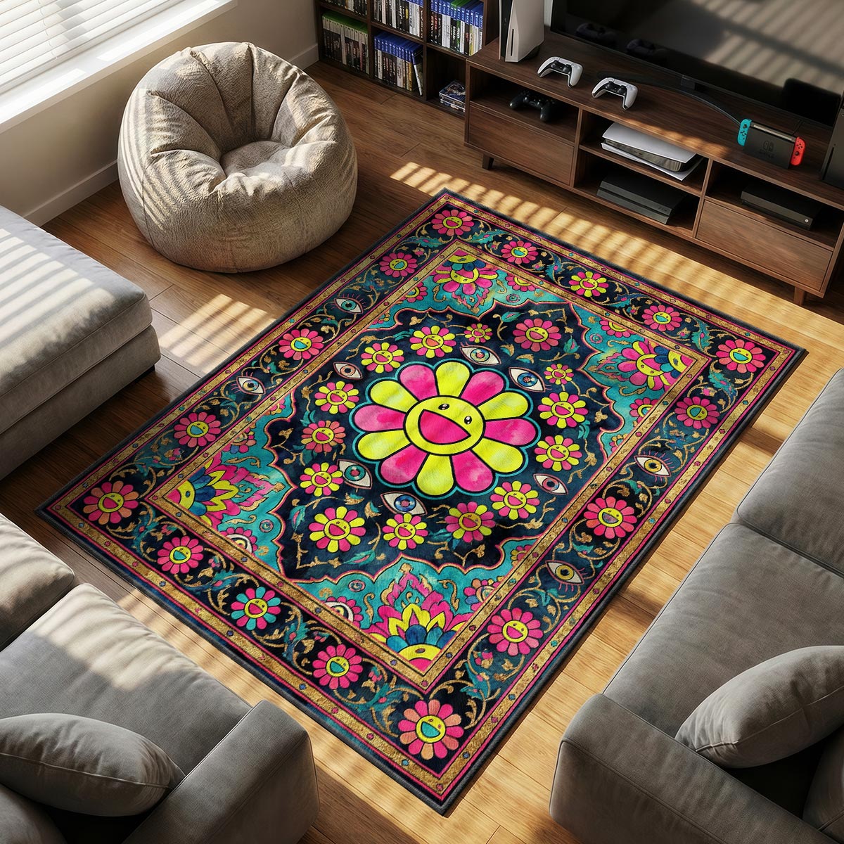 Murakami Teal themed area rug for home decor fans