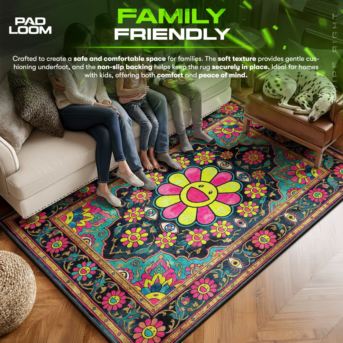 Murakami area rug showing full home decor artwork
