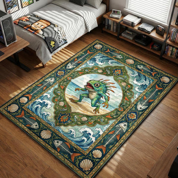 Green Murloc running on beach with decorative fish bone border illustration gaming area rug and floor mat