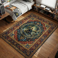 Miyamoto Musashi meditating in a forest with swirling blue energy and ornate border area rug and floor mat