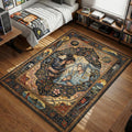 Miyamoto Musashi and Sasaki Kojiro crossing swords amidst cherry blossoms and mount fuji traditional art style area rug and floor mat
