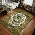 Muscle Man Regular Show area rug with hot dogs and My Mom on olive green tapestry