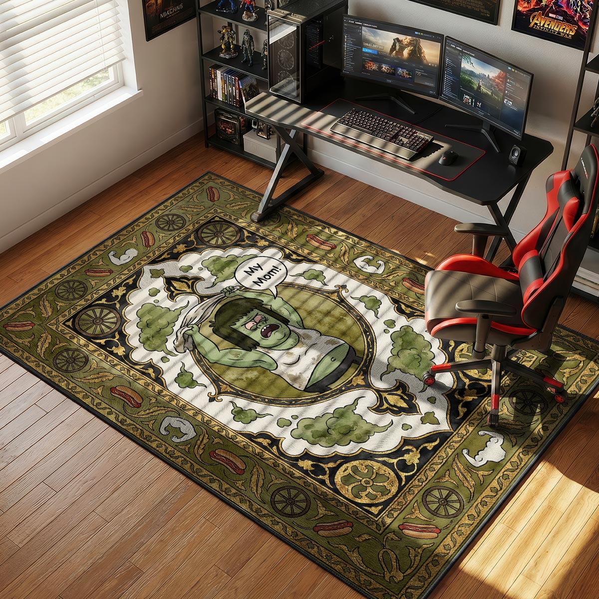 Muscle Man rug placed in a basement game room with dark couch and warm accent lighting