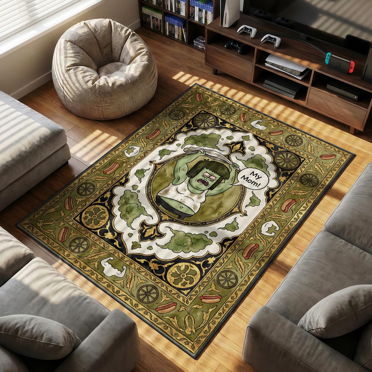 Close-up of Muscle Man area rug showing hot dog border detail and olive green velvet texture