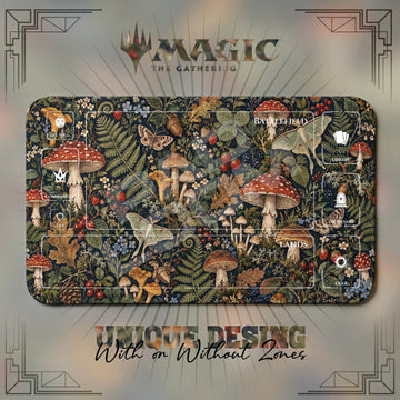 Mushroom Moth MTG playmat, brown and yellow art with play zones, 24 x 14 in