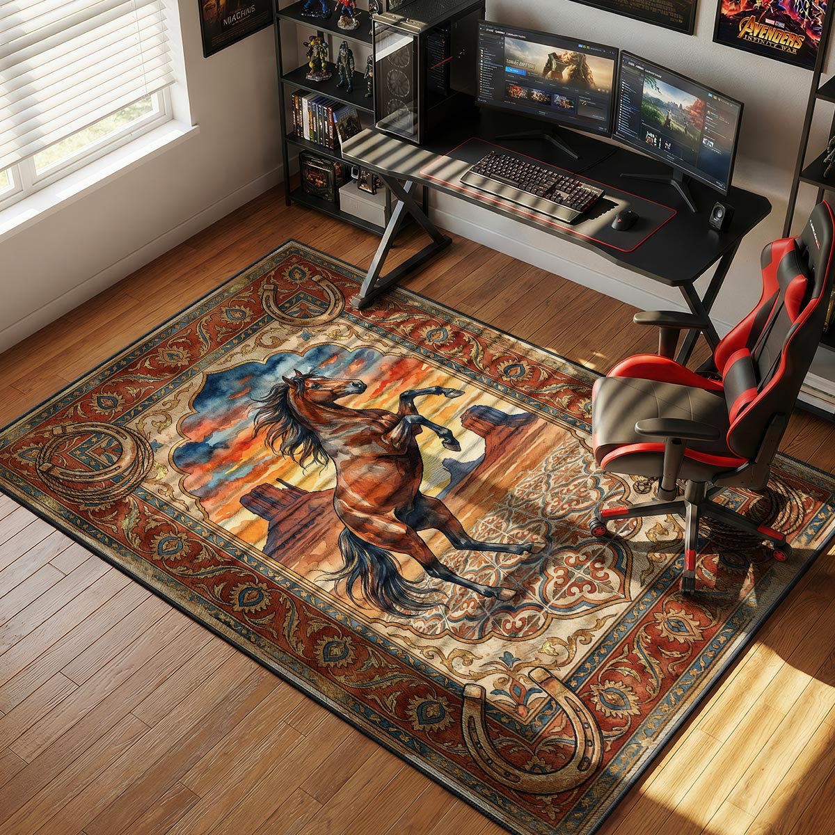 Mustang sunset rug placed in a ranch-style den with warm wood furniture and sunset light
