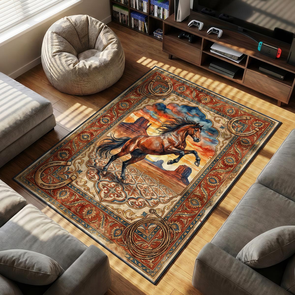 Detail of mustang sunset rug showing mane texture and orange gradient on plush dye-sublimation fiber