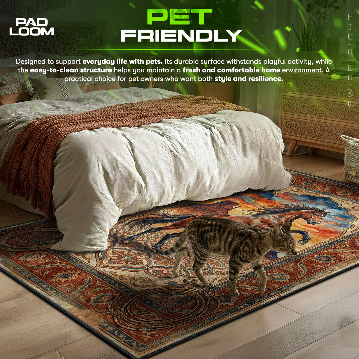 Mustang Sunset themed area rug for home decor fans