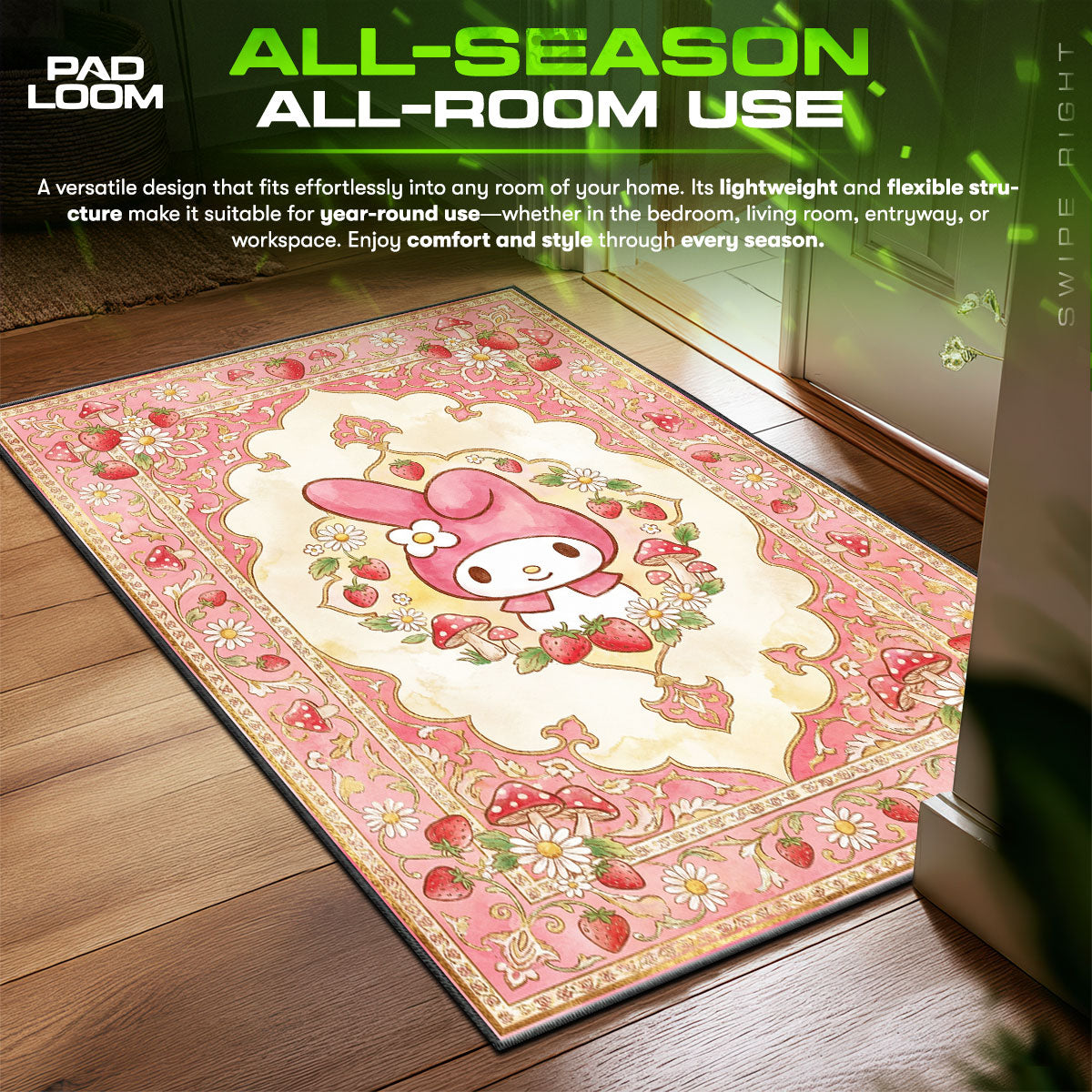 My Melody Strawberry Floral Kids Room Floor fan rug — premium quality print