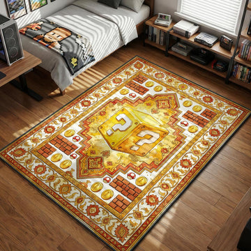 Golden Mystery Block surrounded by coins and mushrooms in ornate Persian style gaming area rug and floor mat