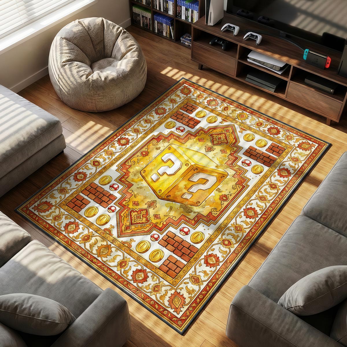 Mystery Block themed area rug for home decor fans