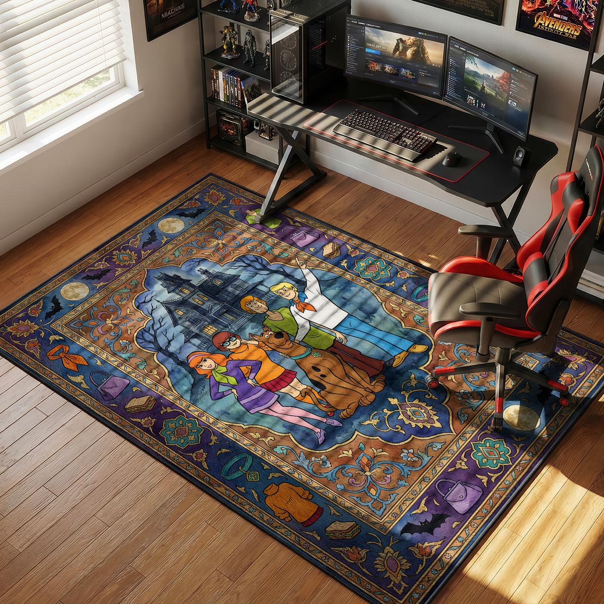 Mystery Inc gang rug placed in a family living room with purple accent pillows on a sofa