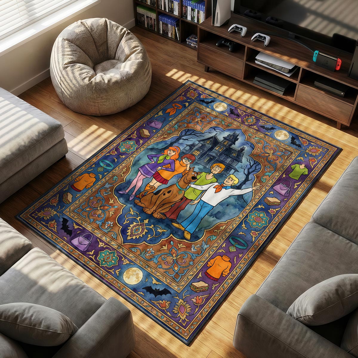 Close-up of Mystery Inc area rug showing character border details and plush fiber texture