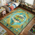 Mystery Machine Scooby-Doo area rug with van artwork on turquoise floral medallion background