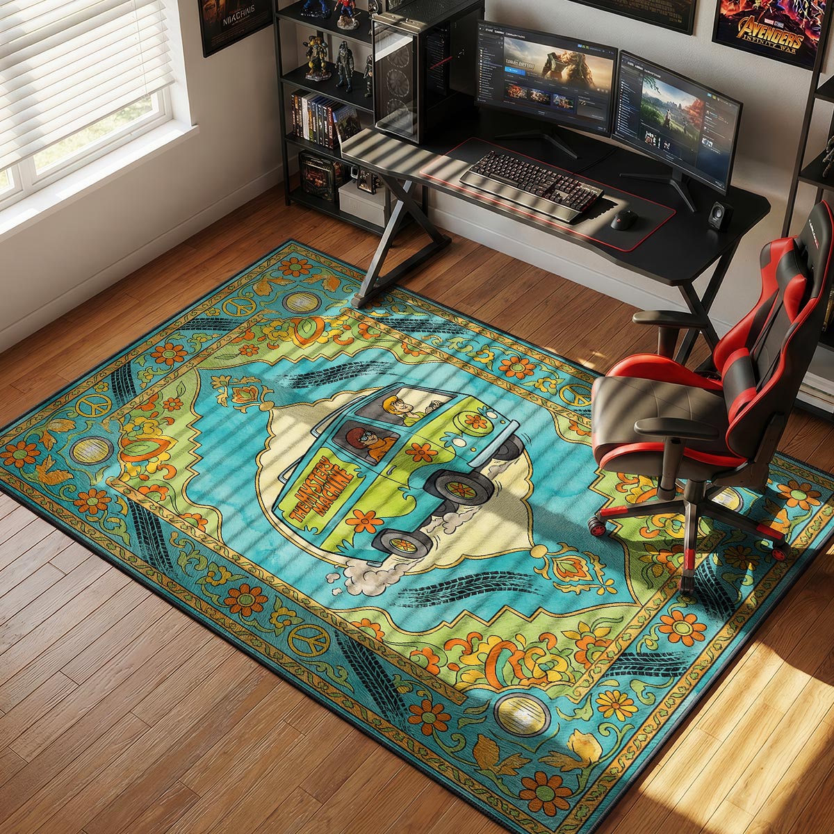 Mystery Machine cartoon rug displayed in a colorful kids playroom beside a bookshelf