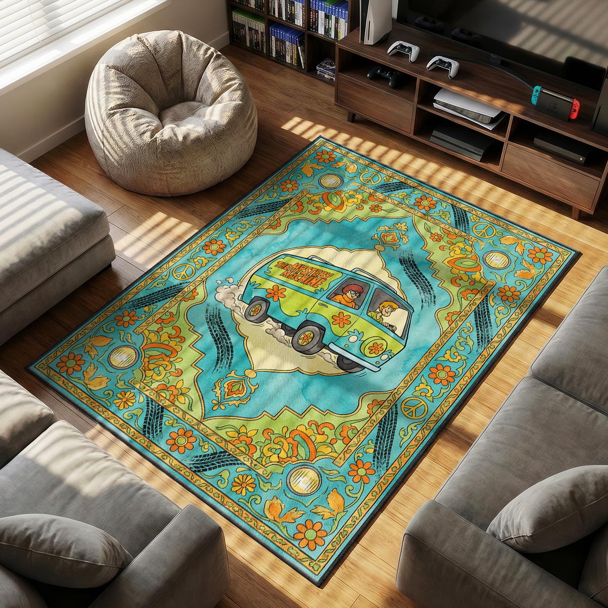 Close-up of Mystery Machine area rug showing velvet fiber texture and vivid dye-sublimation print