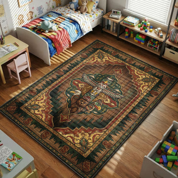 Mystery Shack totem pole Gravity Falls area rug with pine trees on wood-textured brown tapestry