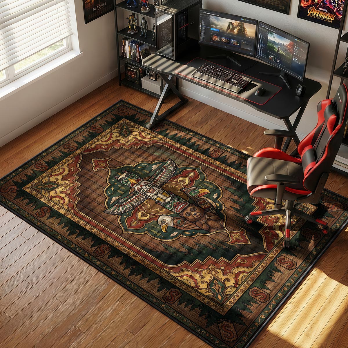 Mystery Shack totem rug in a cabin-style room with brown leather chair and wood paneling