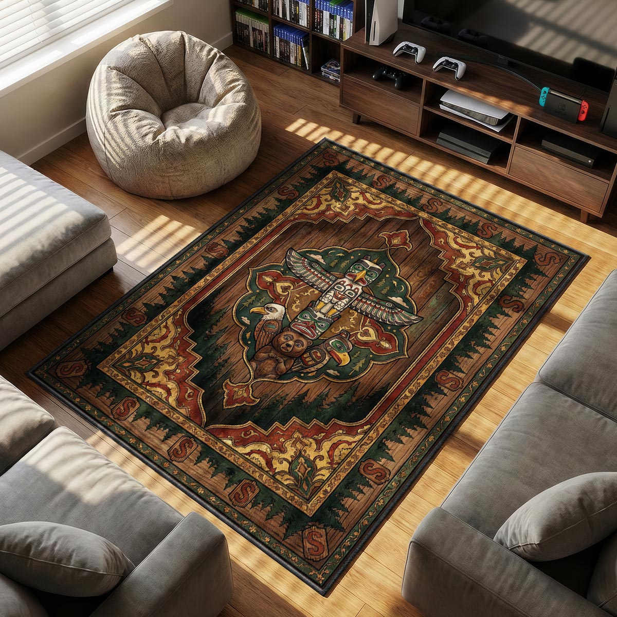 Close-up of totem pole area rug showing carved face detail and wood-grain dye-sublimation