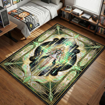 Mythra floating with green light beams in tarot card style gaming area rug and floor mat