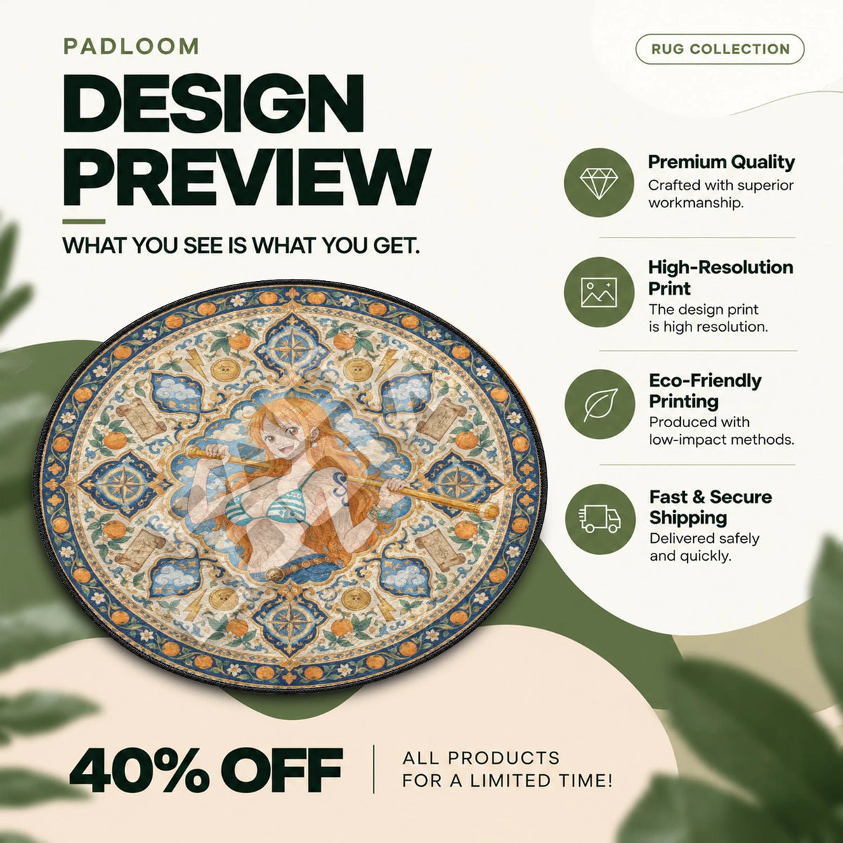 Nami Tangerine One Piece round rug full design preview