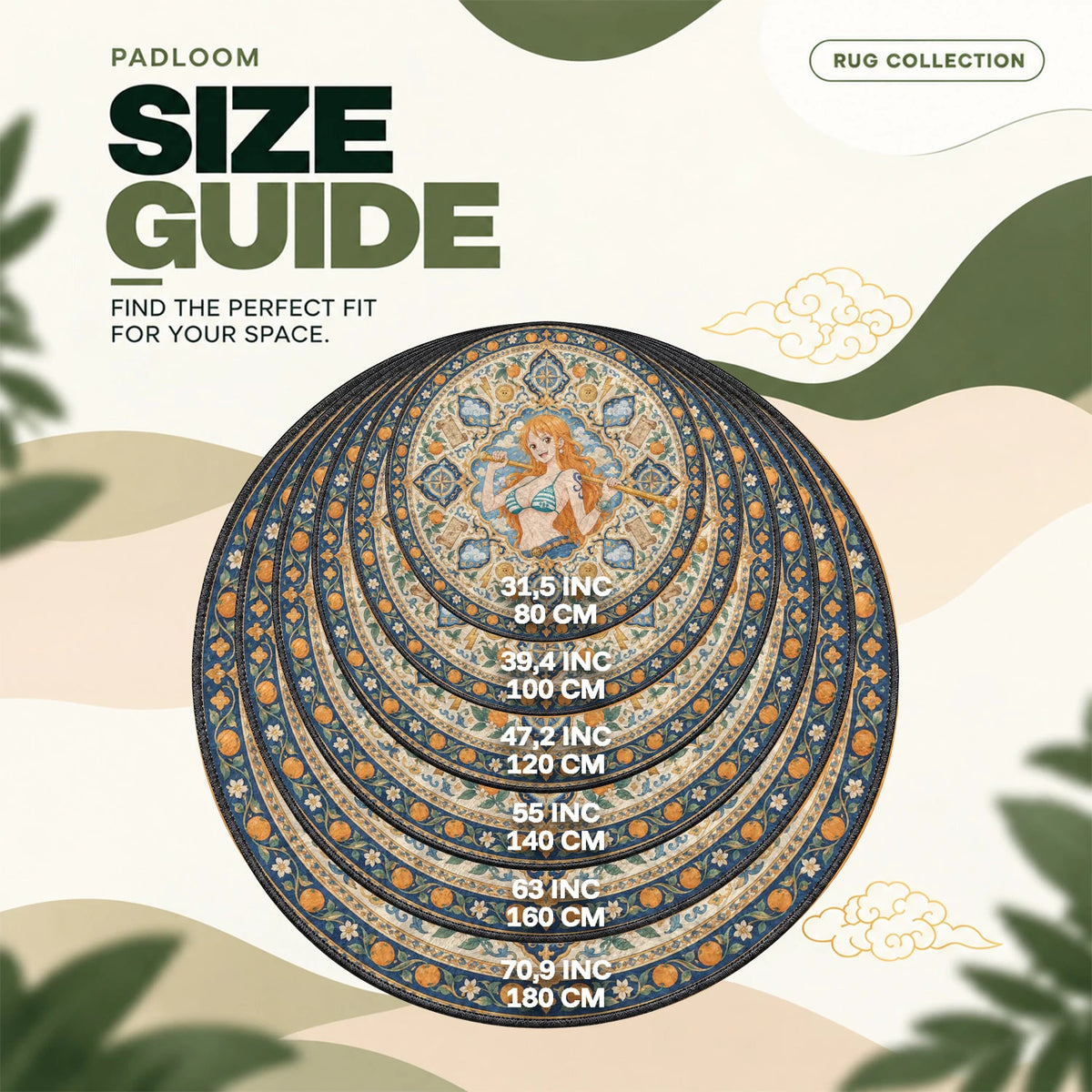 Nami Tangerine round rug size guide, 80 to 180 cm (31.5 to 70.9 in)