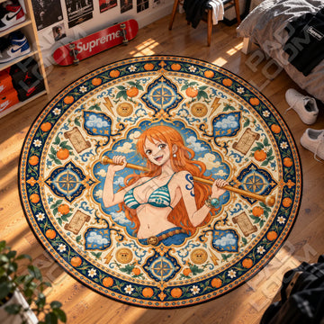 Nami Tangerine One Piece round rug on a bedroom floor - One Piece chair mat