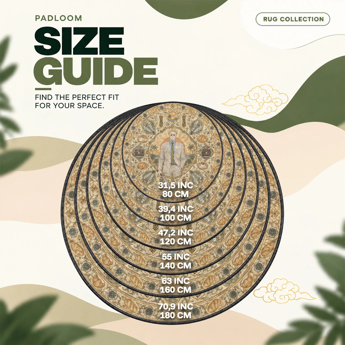 Nanami Sunset round rug size guide, 80 to 180 cm (31.5 to 70.9 in)