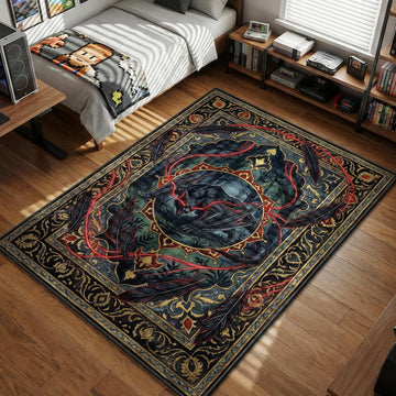 Nargacuga wyvern with glowing red eye trails in dark forest tarot card style gaming area rug and floor mat