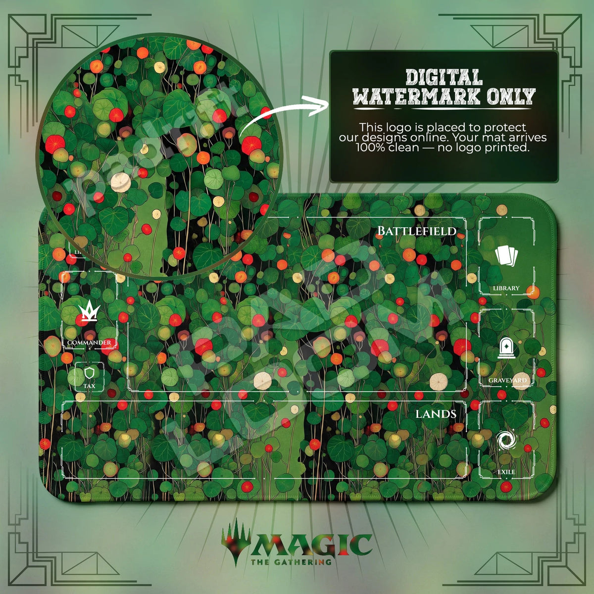 Nasturtium Garden MTG playmat with zones; the Padloom watermark is digital only, not printed