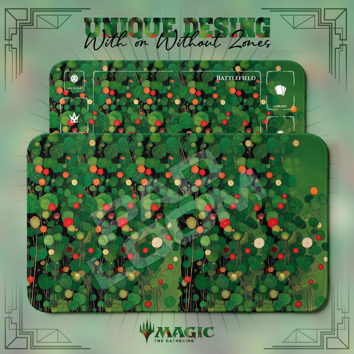 Nasturtium Garden MTG playmat shown with zones and without zones