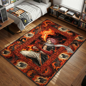 Natsu Dragneel shouting with dragon scale arm breathing fire surrounded by a border of black dragons and flames.