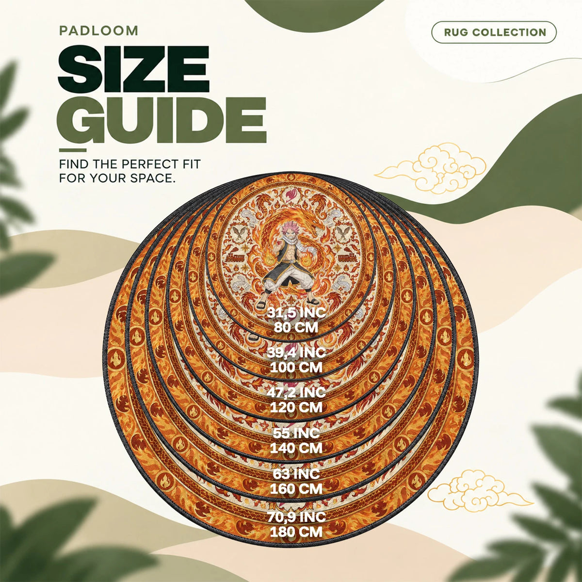 Natsu Inferno round rug size guide, 80 to 180 cm (31.5 to 70.9 in)