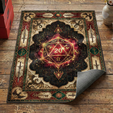 Tabletop RPG D20 gaming rug with glowing natural 20 die dragons swords and key border