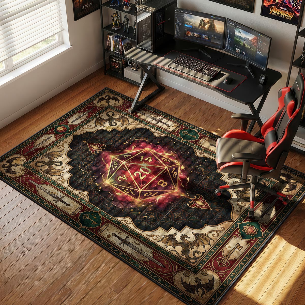 D20 gaming rug placed under a tabletop RPG game table with miniatures and dice