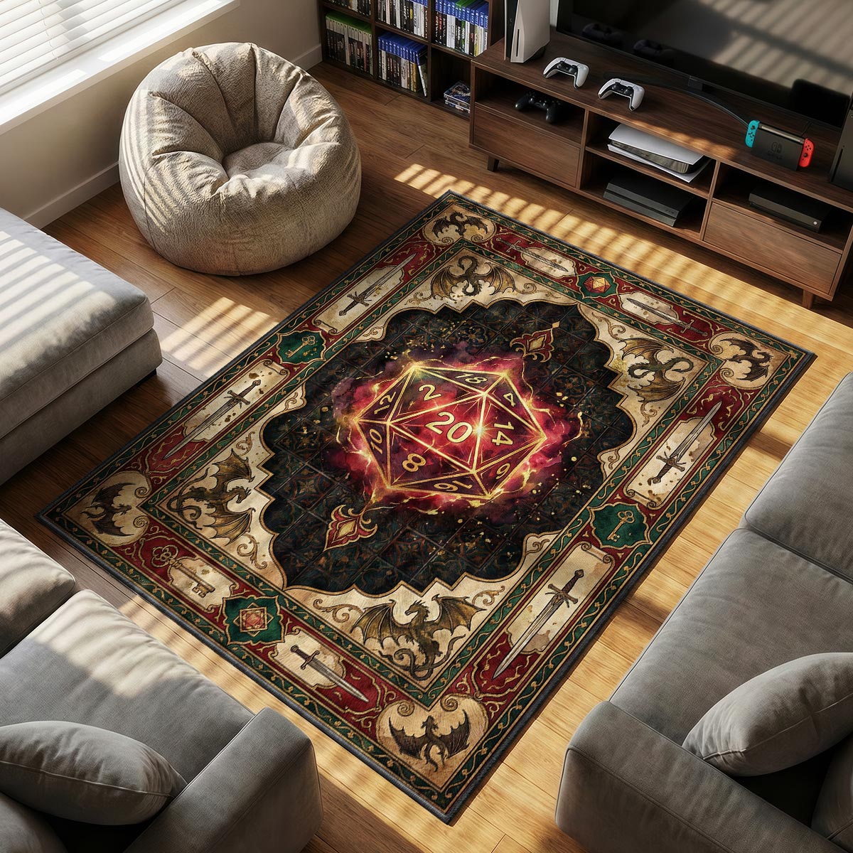 Close-up of D20 rug showing arcane glow effect and dragon detail on velvet surface