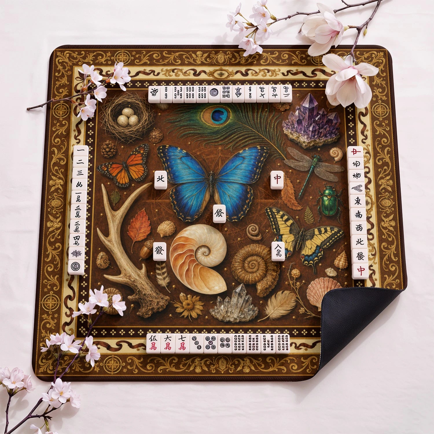 Naturalist Curiosities design close-up on mahjong mat surface
