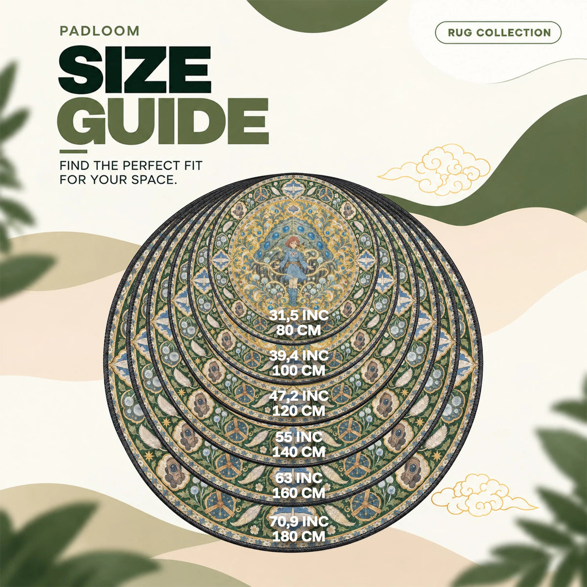 Nausicaa Ohmu round rug size guide, 80 to 180 cm (31.5 to 70.9 in)