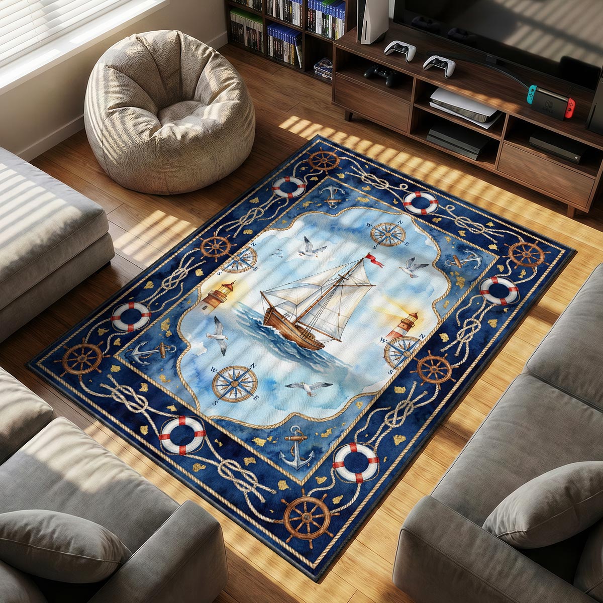 Nautical Sailboat Ocean Rug - Kids Floor Mat