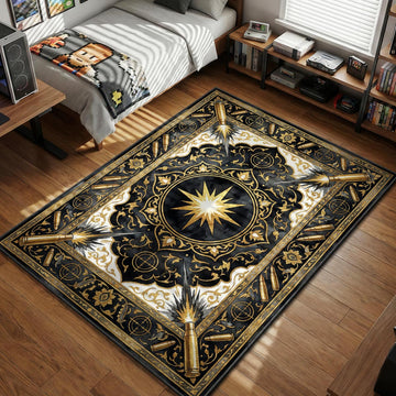 Stylized golden artillery shells and tactical crosshairs Art Deco style gaming area rug and floor mat