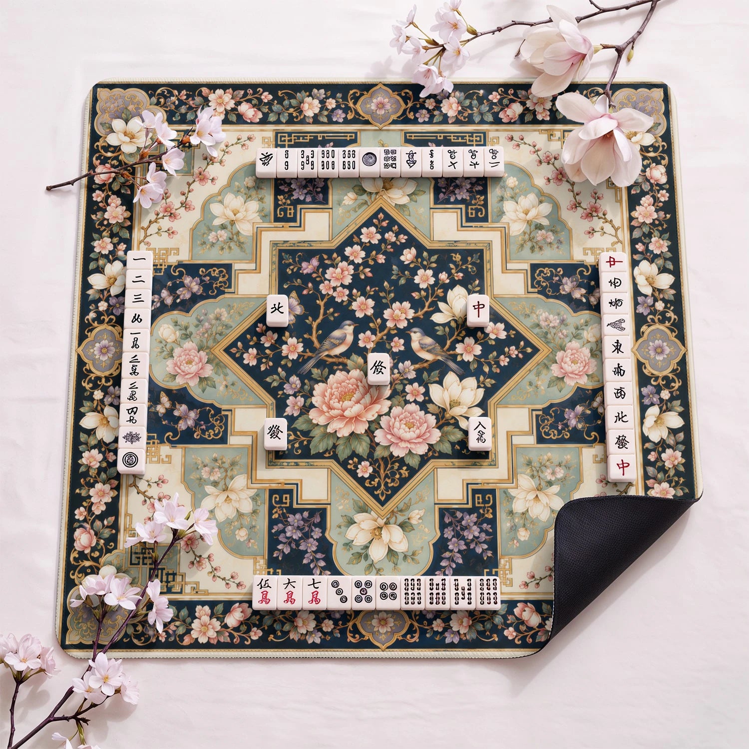 Navy Blossom Diamond design close-up on mahjong mat surface