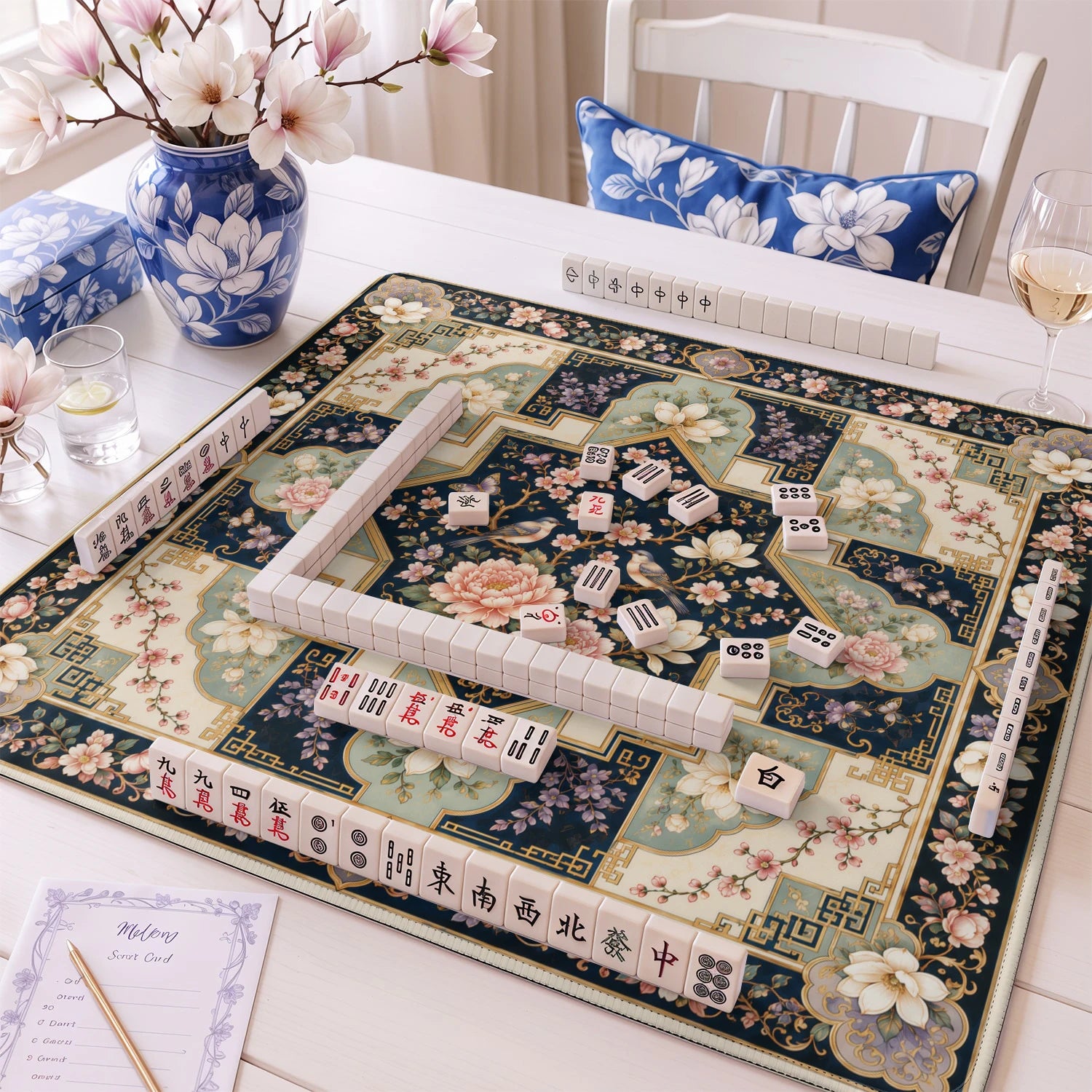 Navy Blossom Diamond mahjong mat – M (60x60 cm) and L (81x81 cm) sizes