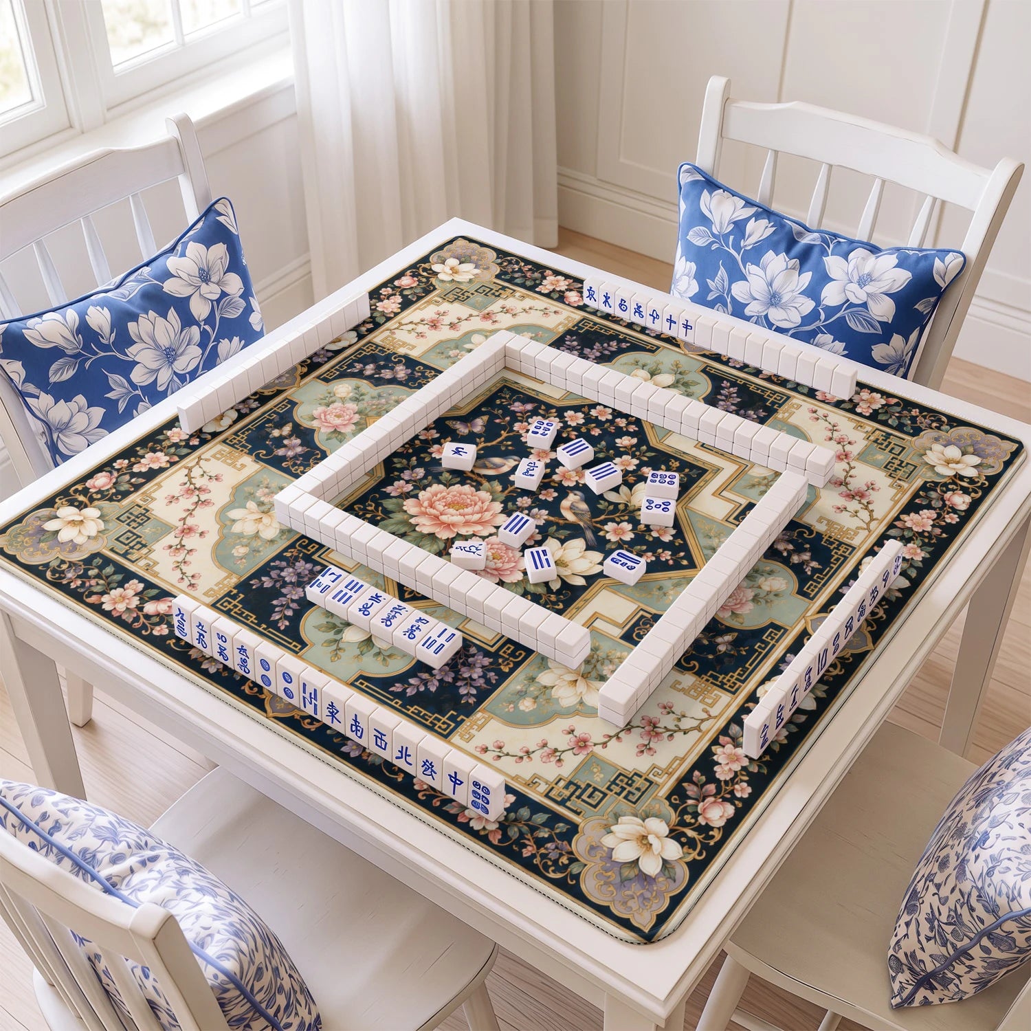 Navy Blossom Diamond Mahjong Mat – neoprene mah jongg table mat