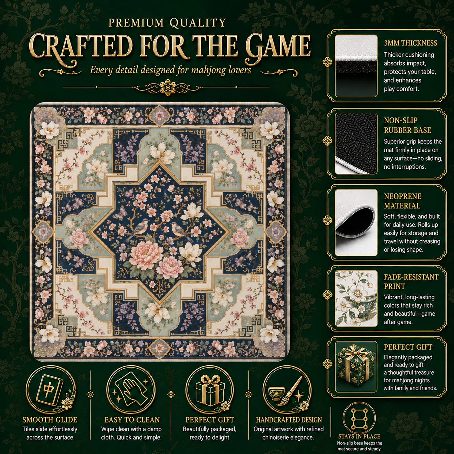 Navy Blossom Diamond mahjong mat – M (60x60 cm) and L (81x81 cm) sizes