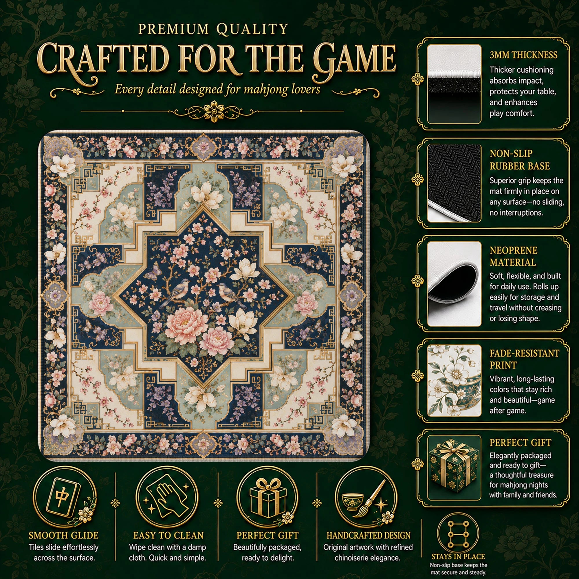 Navy Blossom Diamond mahjong mat – M (60x60 cm) and L (81x81 cm) sizes