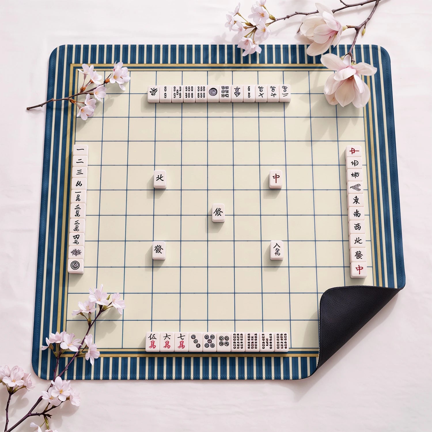 Navy Grid design close-up on mahjong mat surface